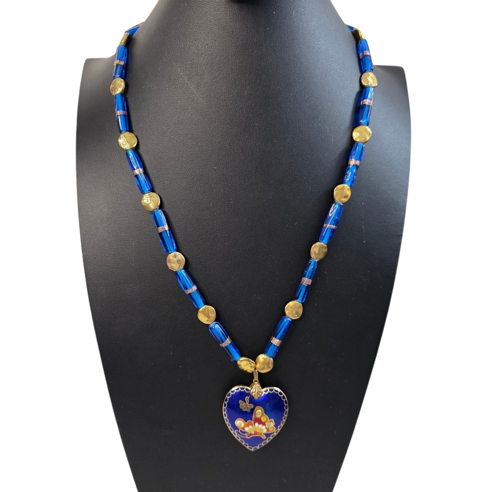 Vintage Cloisonne Necklace Heart Pendant Blue‎ Glass Bead Butterfly Floral 26"